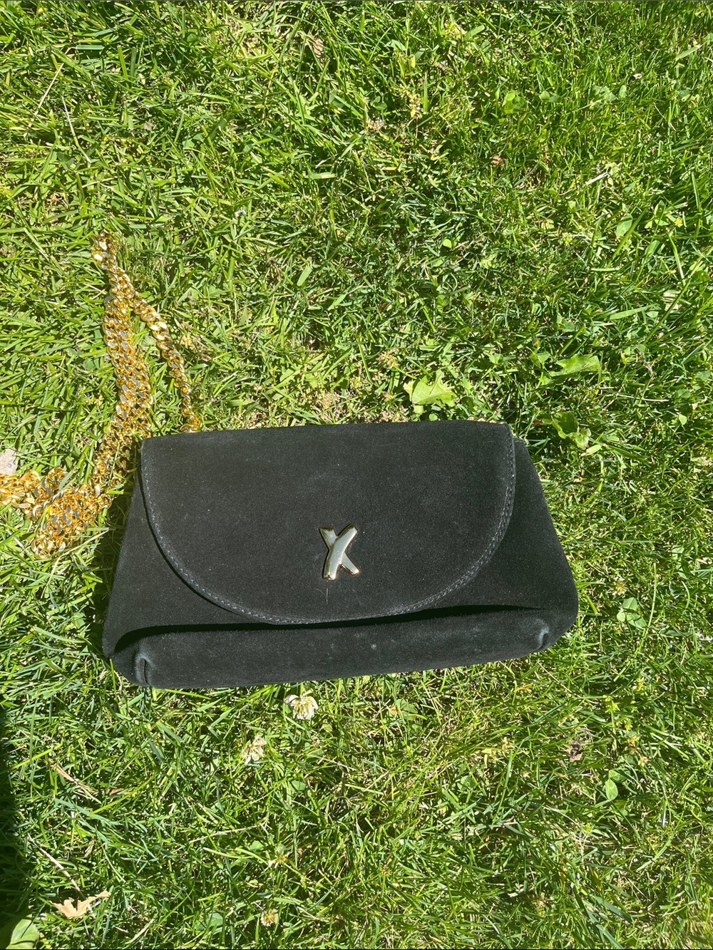 Paloma Picasso Black Suede Crossbody Clutch with Gold Chain